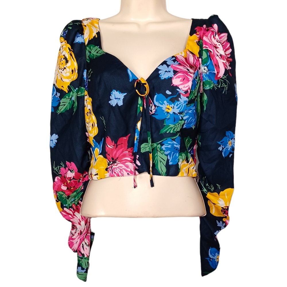 LULUNICO Colorful Blue Pink Yellow Floral Print Long Sleeve Top Small